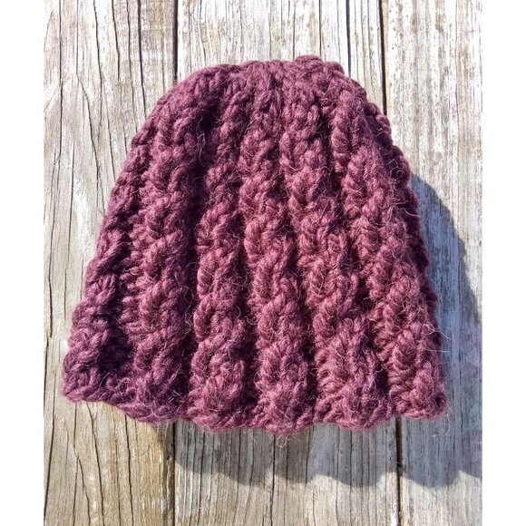 Womens Chunky Alpaca Beanie Skully Hat Handmade Knit Unisex Burgundy Men Red M/L - Picture 7 of 9